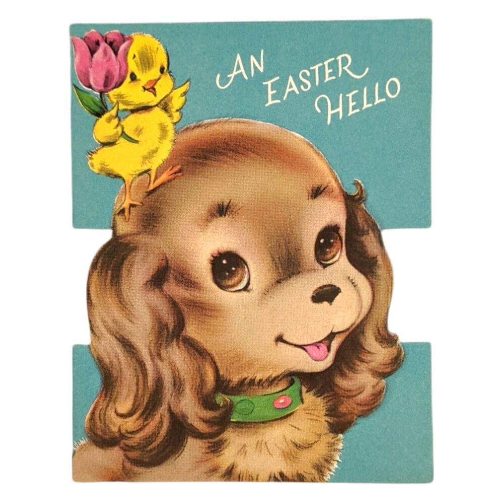 Vintage Easter Greeting Card Norcross Puppy Dog Chick Tulip Spring Signed